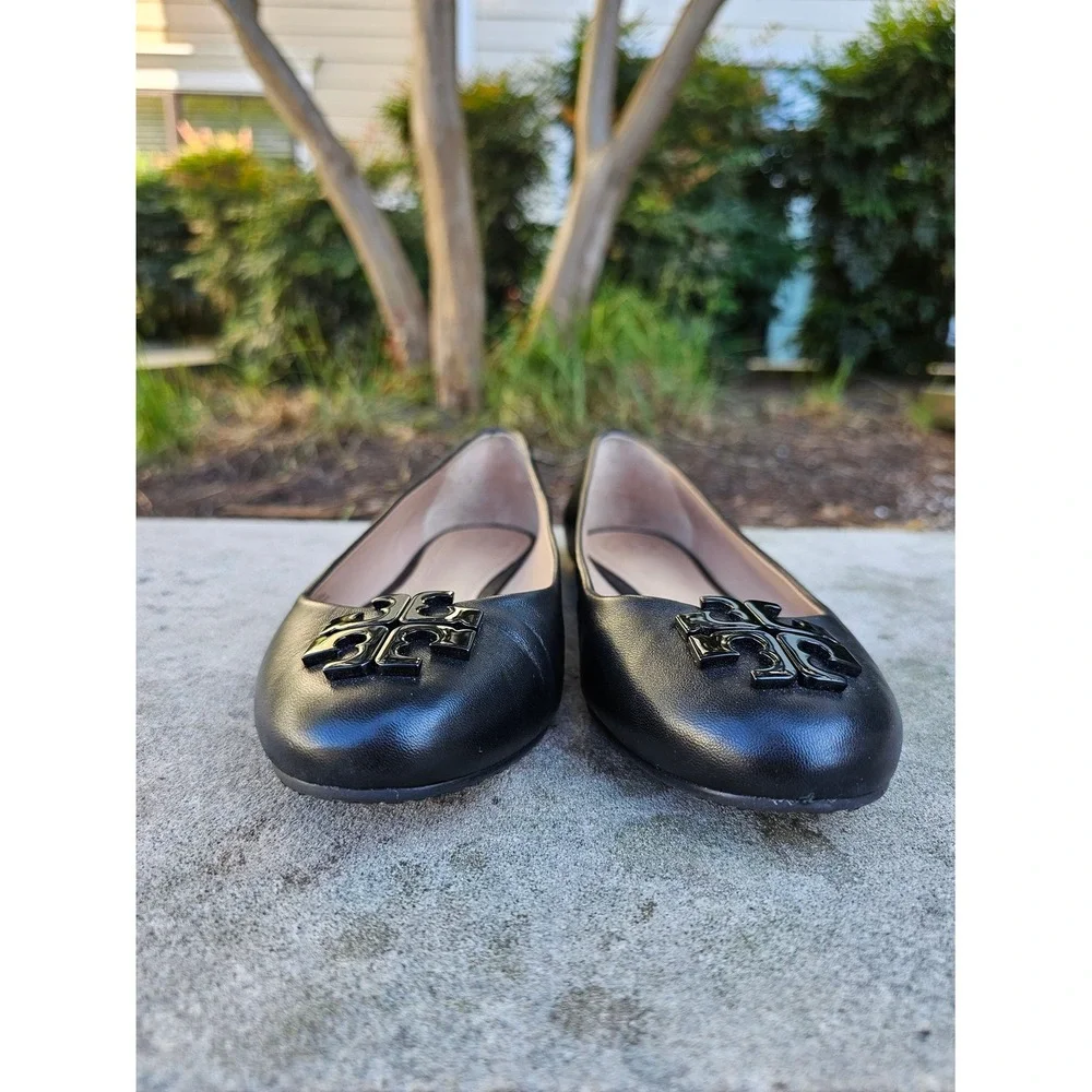 Tory Burch Lowell‎ II Ballet Flat 7M Black Leather Logo Classic Chic Capsule ~